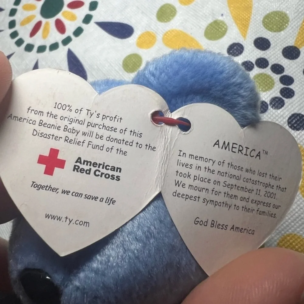 TY Beanie Baby”America”9/11 Memorial Blue Plush Bear with American Flag -